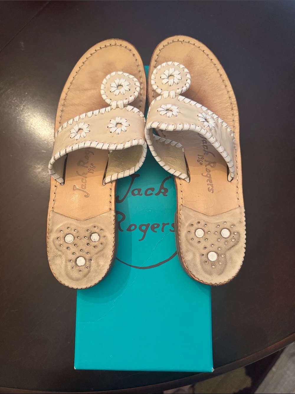 Jack Rogers Beige Leather Thong Sandals with Whipstitch Detail
